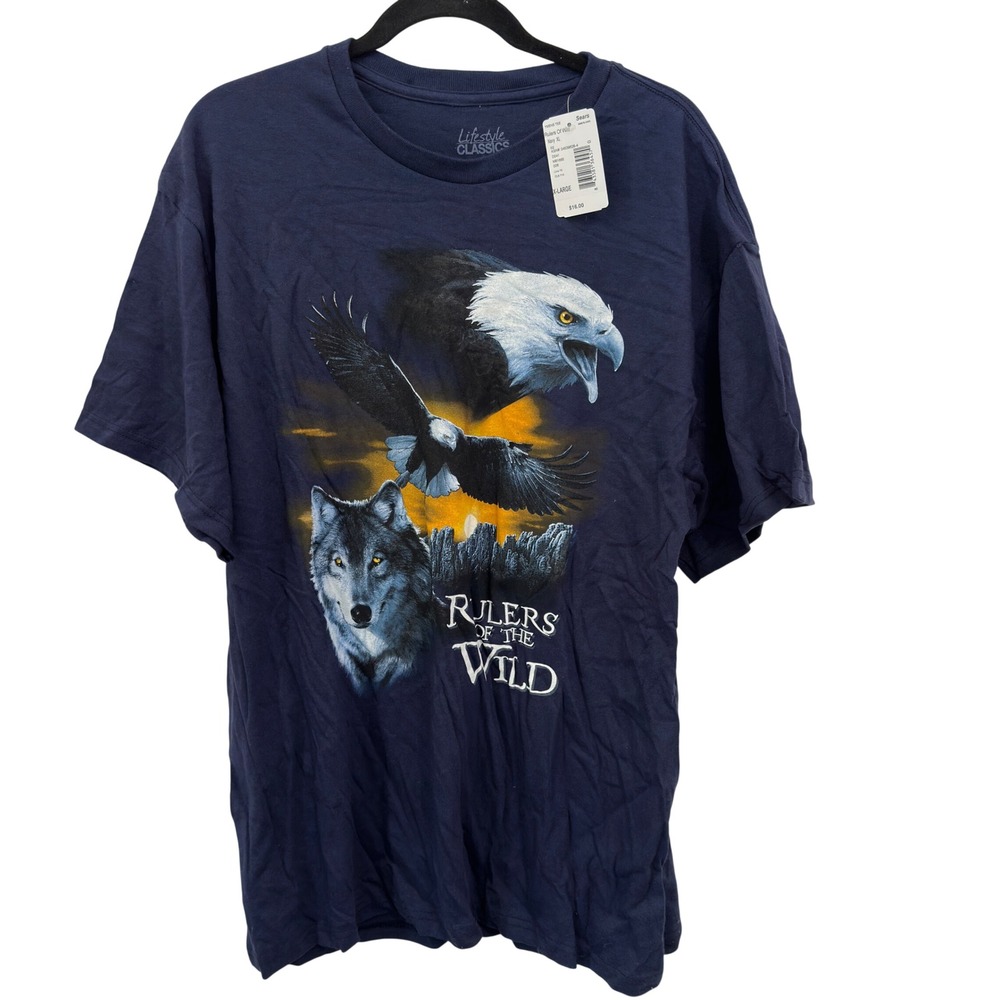 Eagle Wolf Graphic T-Shirt Mens XL Navy Nature Americana Retro Animal Tee NWT